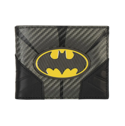 Batman wallet with carbon fiber pattern and yellow logo on a white background