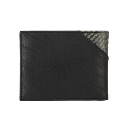 Black leather wallet with a subtle pattern on a white background