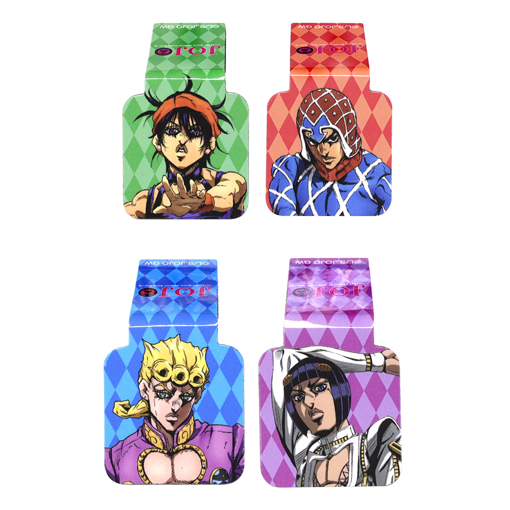 Pack of JoJo's Bizarre Adventure magnetic bookmarks with character illustrations on a black background available at chimploot.com