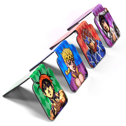 Pack of JoJo's Bizarre Adventure magnetic bookmarks with character illustrations on a black background available at chimploot.com
