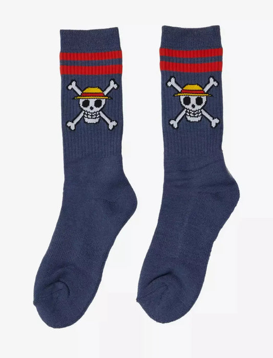 Pair of navy blue One Piece straw hat crew socks with skull and crossbones design on a white background