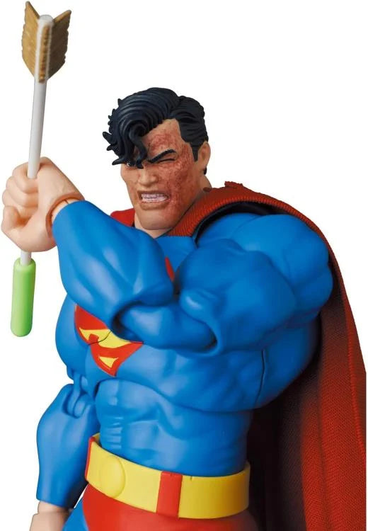 Superman action figure with blue suit, red cape, and yellow belt on a white background. MAFEX No.161 Superman Batman: The Dark Knight Returns available at chimploot.com