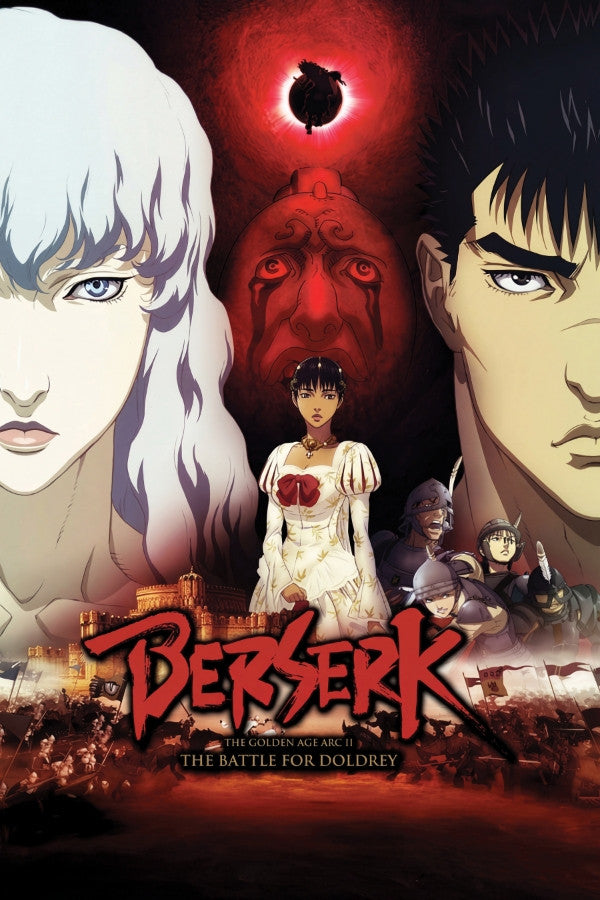 Promotional poster for 'Berserk' with characters and text on a dark background
