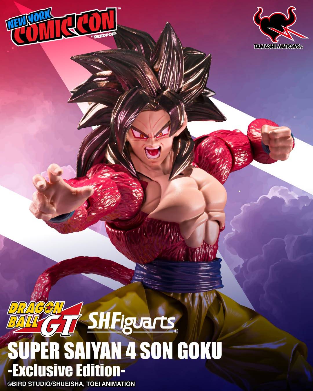 SHFigarts Dragon Ball GT Super Saiyan 4 Son Goku Exclusive Edition statue, featuring his classic red and gold battle stance against a stylized purple and pink New York Comic-Con promotional background.