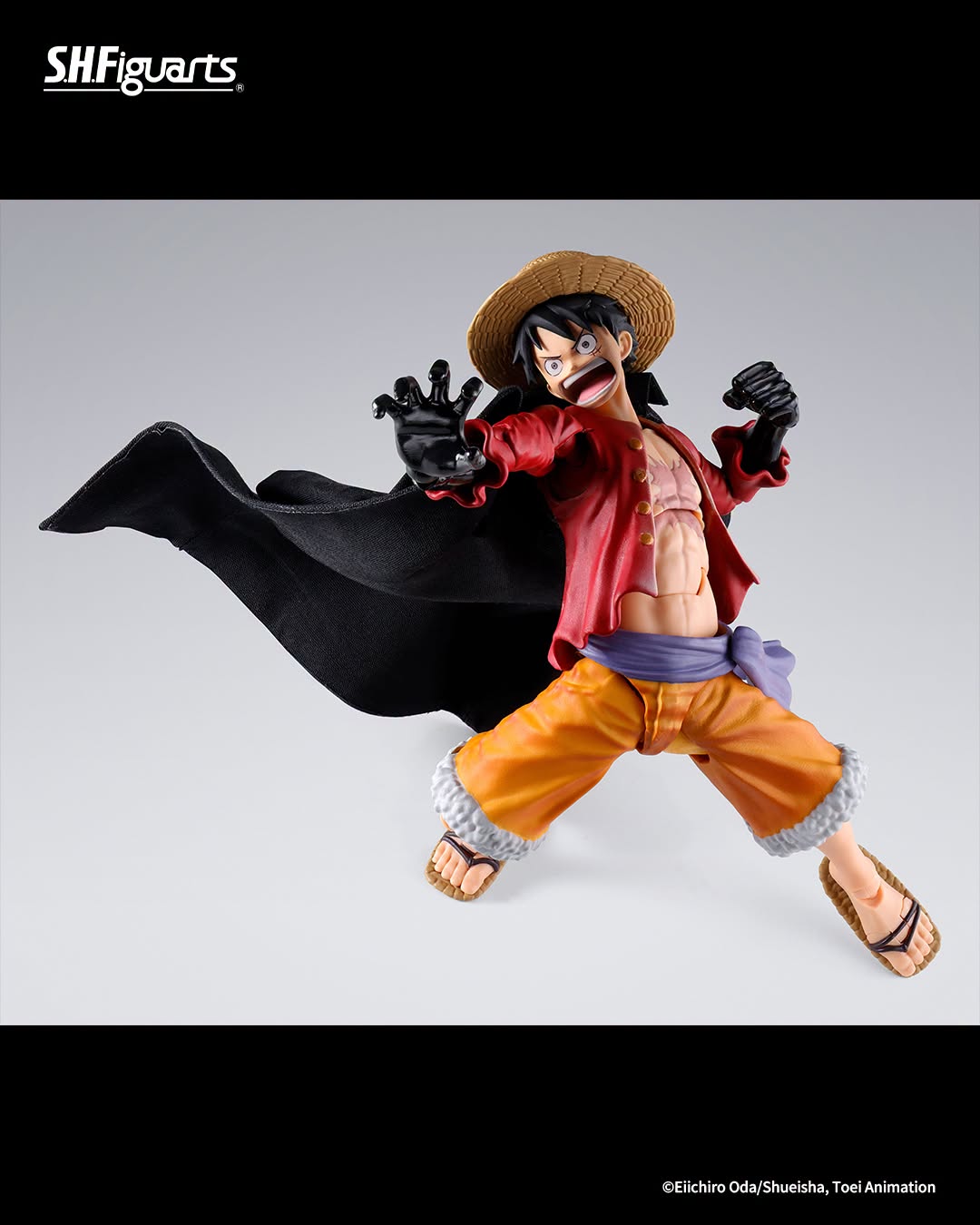 SH Figuarts One Piece Luffy action figure in a dynamic pose, wearing his signature straw hat, red jacket, orange pants, and black gloves, set against a light gray studio background.