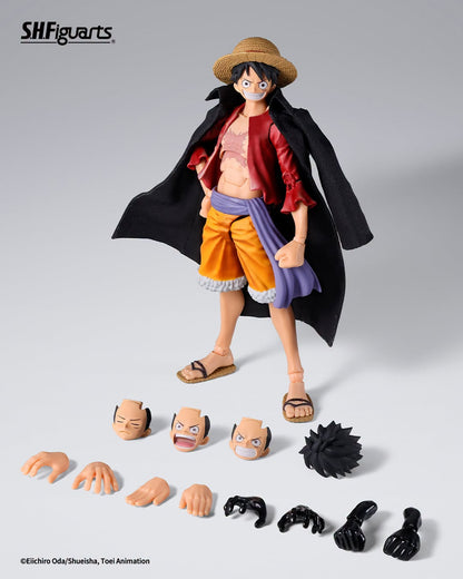 SH Figuarts One Piece Luffy action figure with multiple interchangeable heads, hands, hair, and black coat, displayed on a light gray studio background.