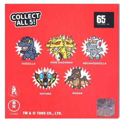 A red collectible card or packaging insert featuring five Godzilla-themed cartoon monsters labeled Godzilla, King Ghidorah, Mechagodzilla, Mothra, and Rodan, with text reading 'COLLECT ALL 5!' and a '65th CELEBRATION ON' badge.