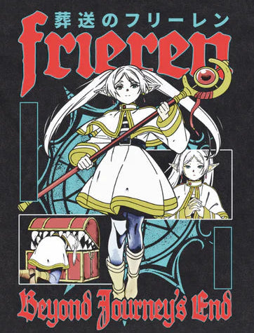 Black t-shirt with anime-style design featuring Frieren: Beyond Journey's End characters and text on a white background