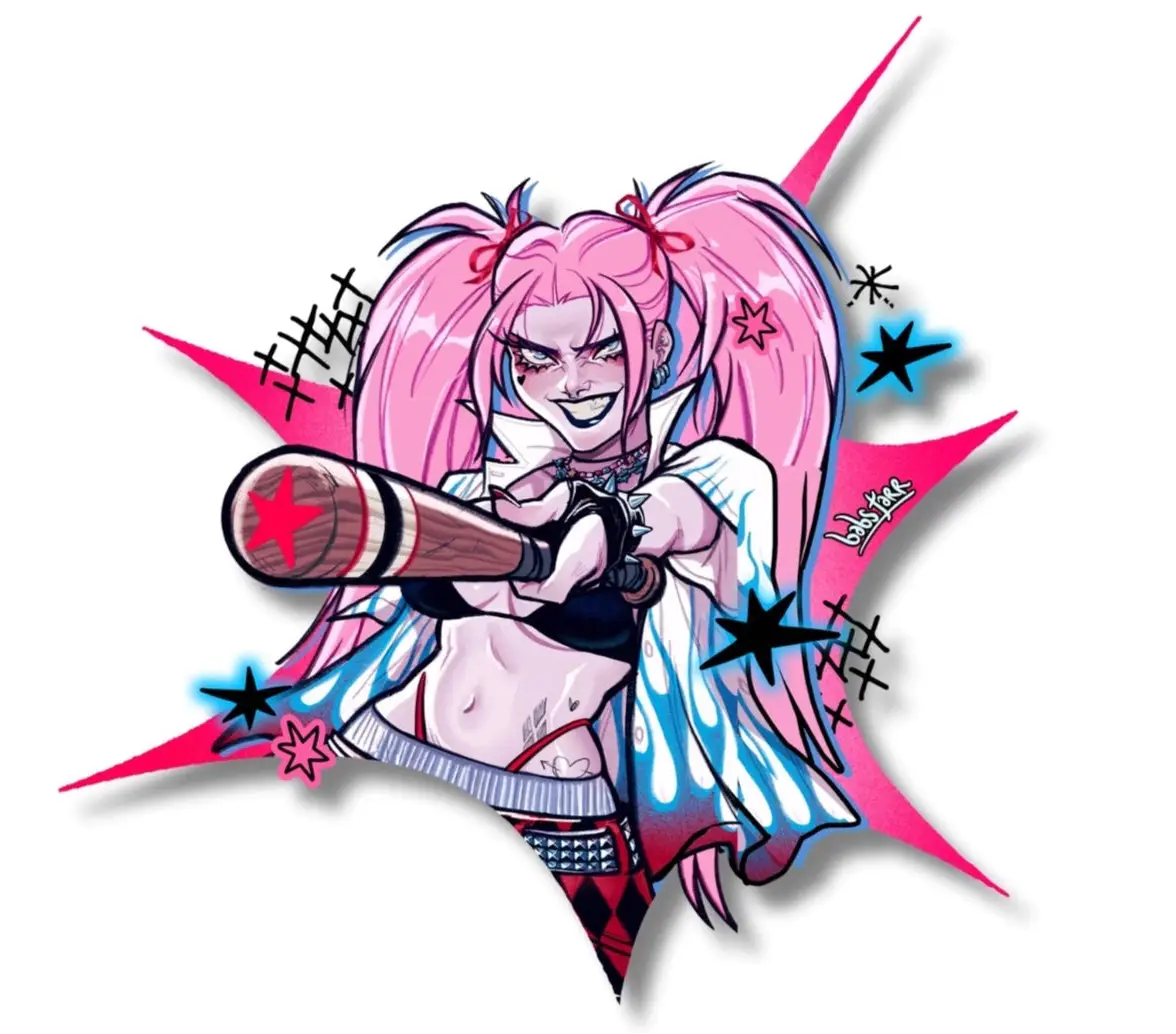 A stylized illustrated graphic of Harley Quin pink-haired female character holding a baseball bat, centered on a black background with pink and blue starburst shapes and small decorative text.