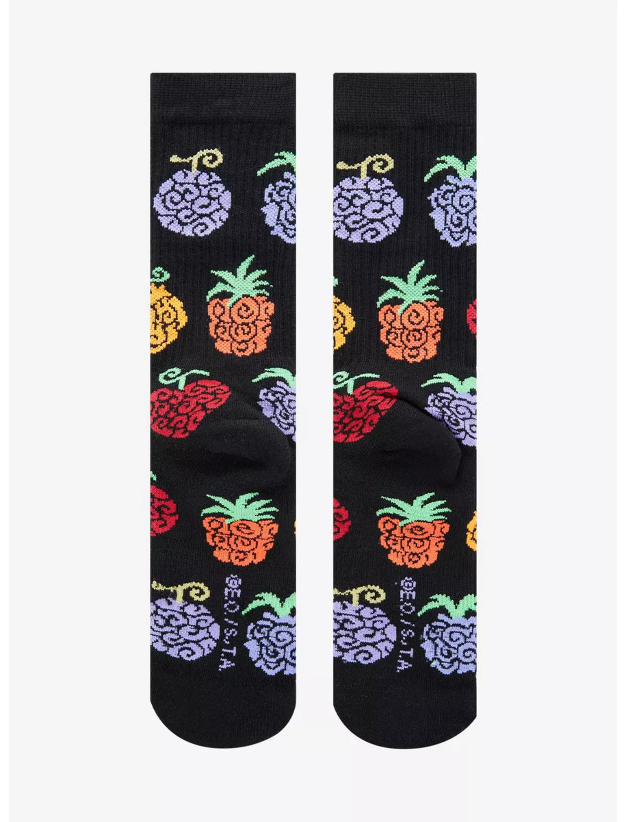 Black One Piece Devil Fruit Allover Print Crew Socks with colorful pineapple pattern on a white background