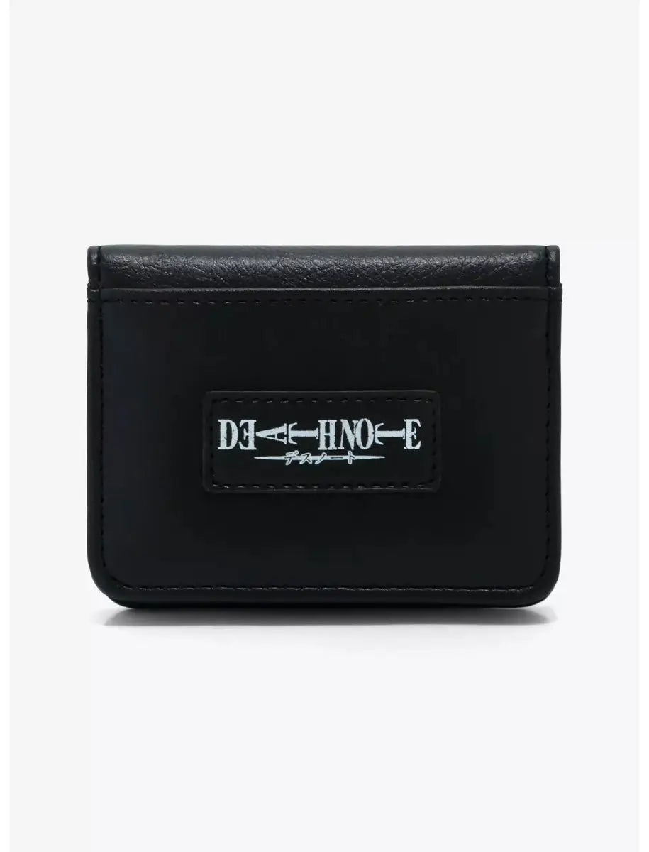 Black leather wallet with a brand logo on a white background