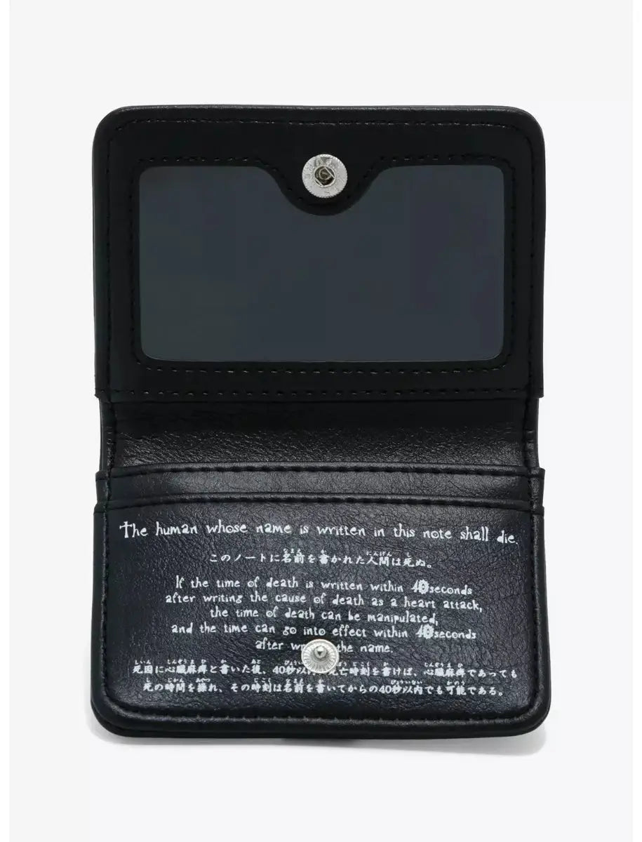 Black leather wallet with text on a white background