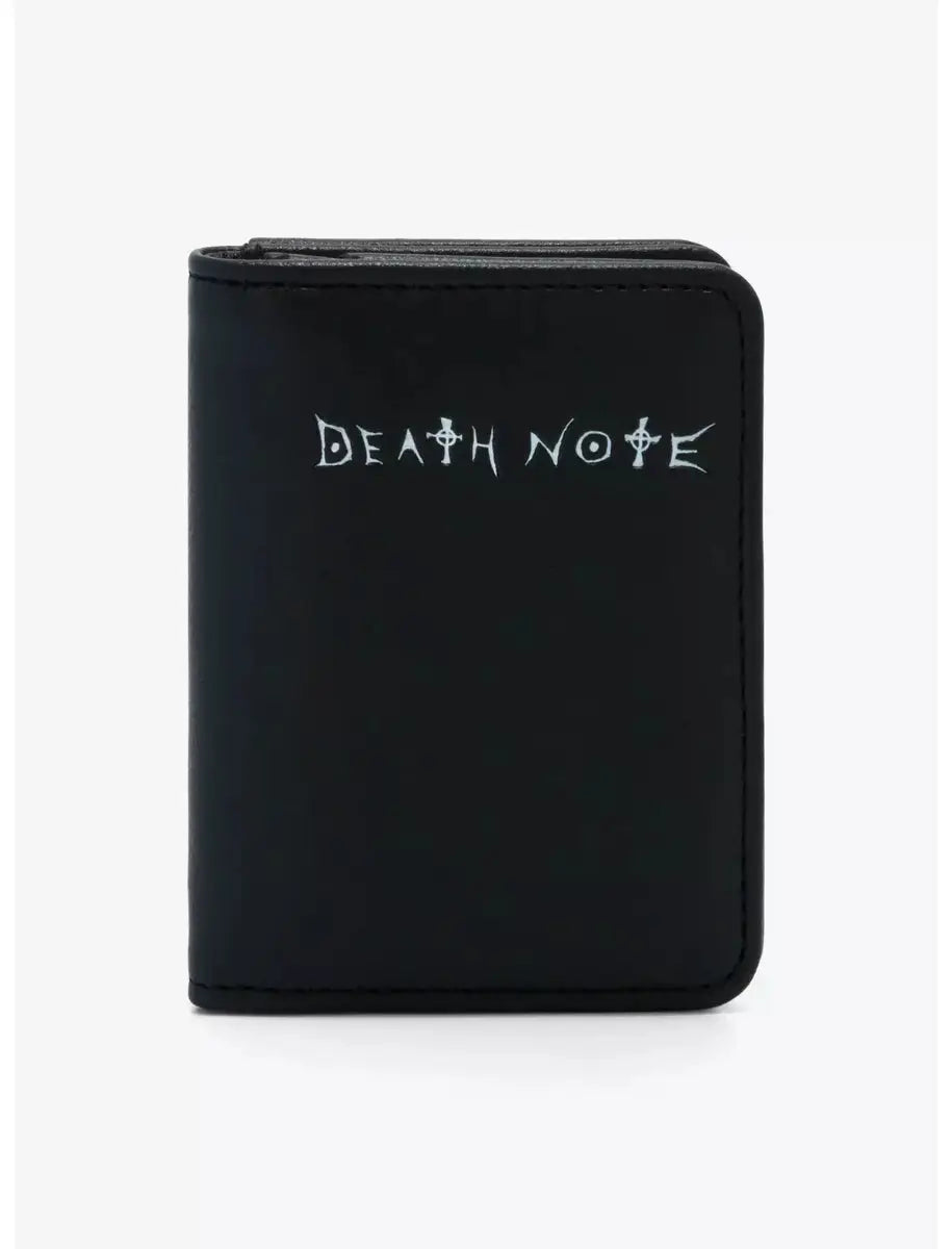 Black card holder with 'Death Note' text on a white background