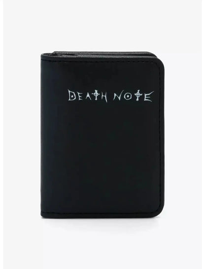 Black card holder with 'Death Note' text on a white background