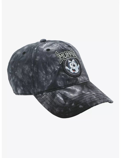 Black tie-dye cap with a cartoon character of 'Muffin' from the show Bluey on a white background