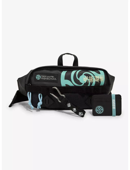 Black waist bag with teal designs and text on a white background