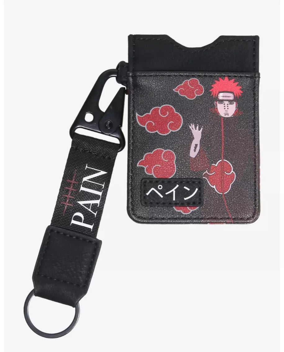 Naruto Card holder with red cloud pattern and 'PAIN' strap on a white background