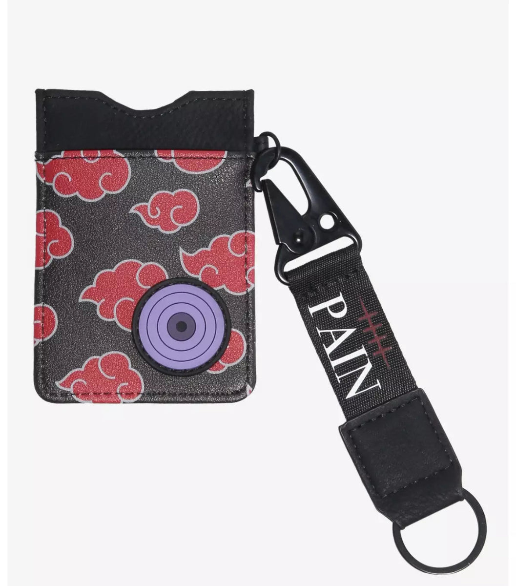 Naruto Card holder with red cloud pattern and 'PAIN' strap on a white background