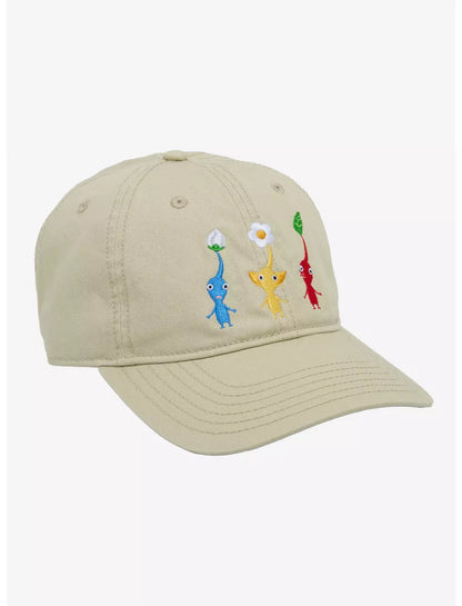 A beige baseball cap featuring embroidered Pikmin characters on the front panel, set against a plain white background.