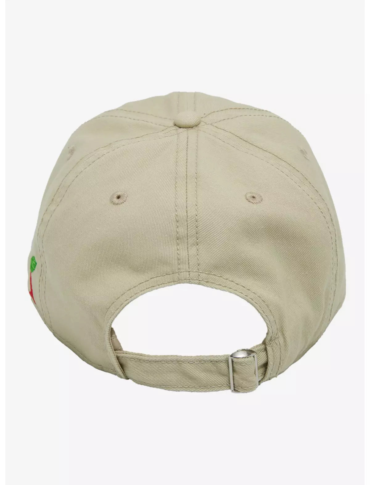 A beige baseball cap featuring embroidered Pikmin characters on the front panel, set against a plain white background.