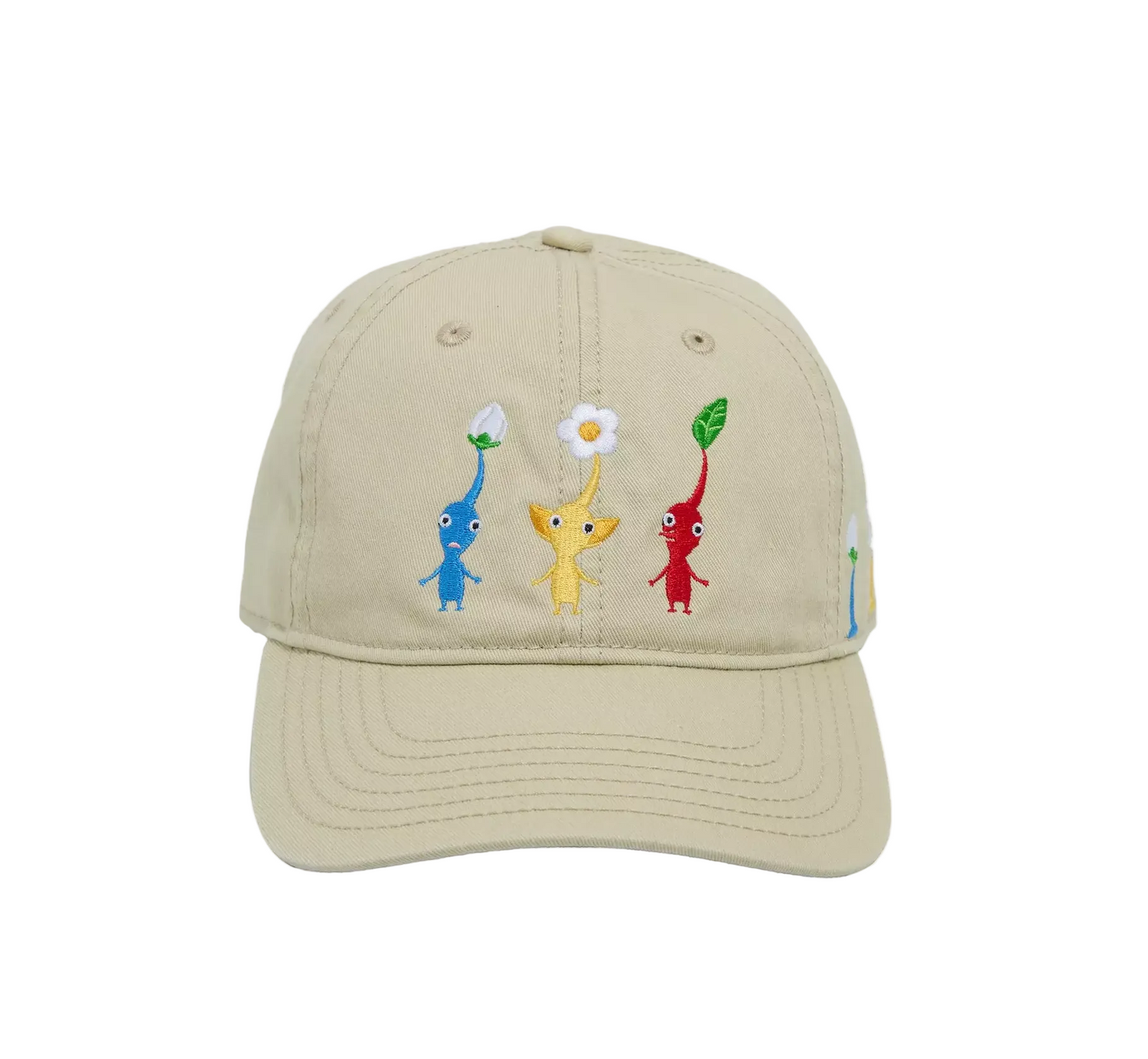 A beige baseball cap featuring embroidered Pikmin characters on the front panel, set against a plain white background.