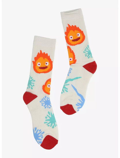 Pair of socks with colorful character design on a white background
