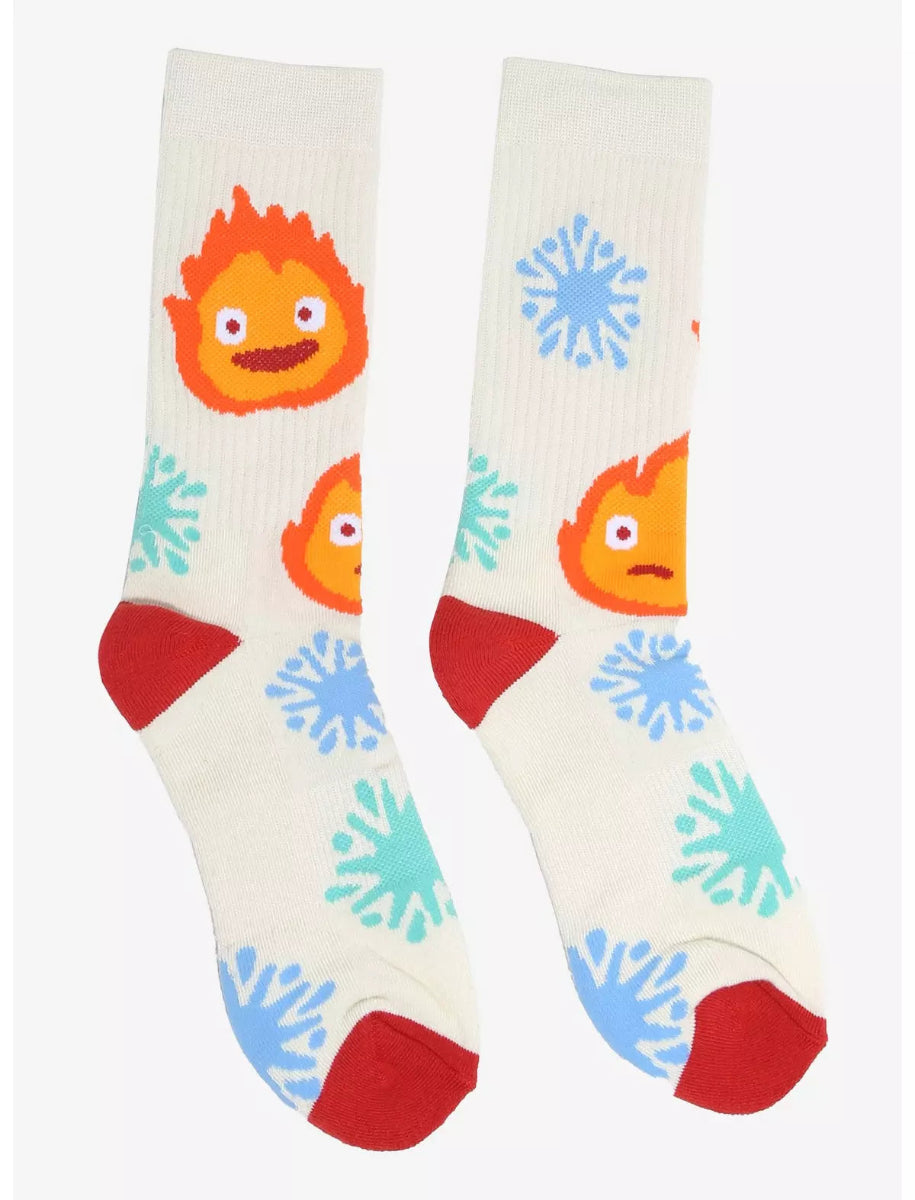 Pair of socks with colorful character design on a white background