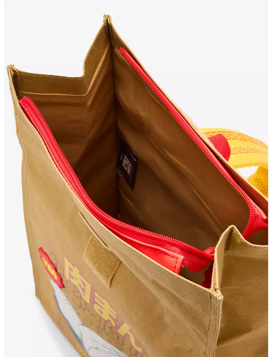 Sakamoto Days Pork Bun Bag Mini Backpack Open brown bag with red interior zipper on a white background