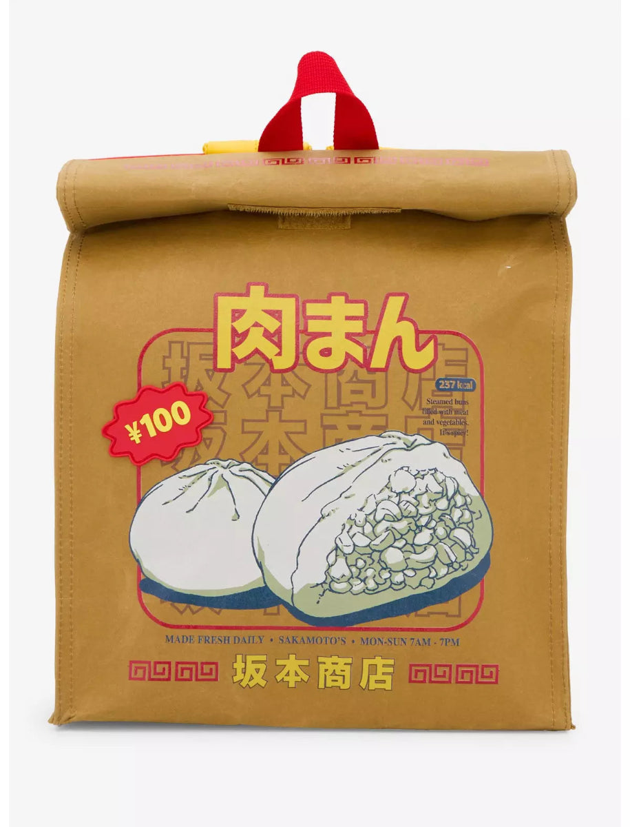 Sakamoto Days Pork Bun Bag Mini Backpack Brown paper bag with dumpling illustration and text on a white background