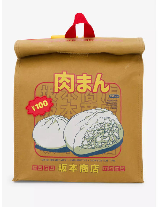 Sakamoto Days Pork Bun Bag Mini Backpack Brown paper bag with dumpling illustration and text on a white background