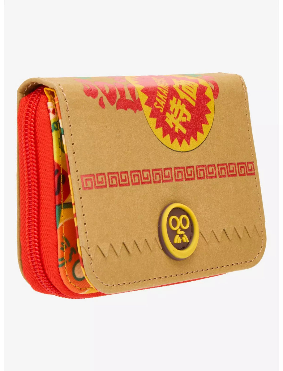 Sakamoto Days Brown Bag Mini Zipper Wallet pouch with red and yellow accents on a white background