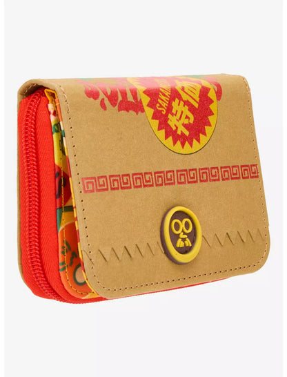 Sakamoto Days Brown Bag Mini Zipper Wallet pouch with red and yellow accents on a white background
