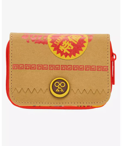 Sakamoto Days Brown Bag Mini Zipper Wallet pouch with red and yellow accents on a white background