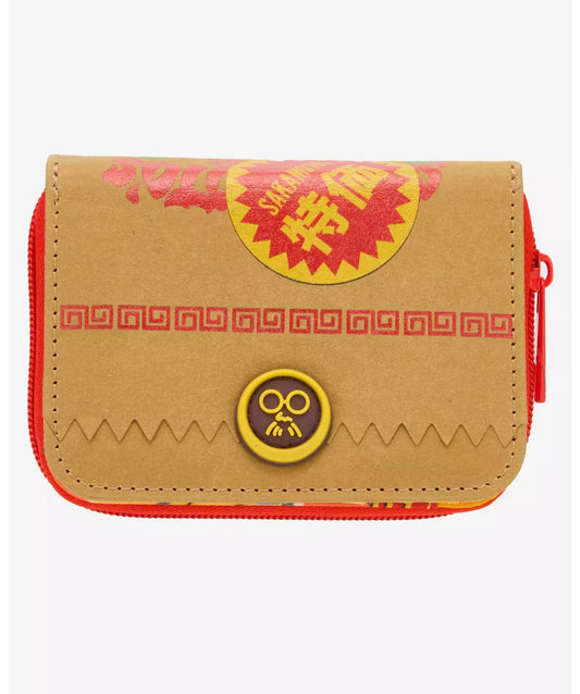 Sakamoto Days Brown Bag Mini Zipper Wallet pouch with red and yellow accents on a white background