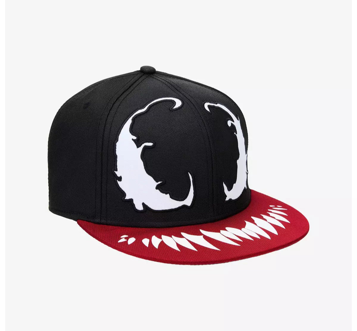 Black and red Venom Face Snapback Hat cap with white graphic design on a white background