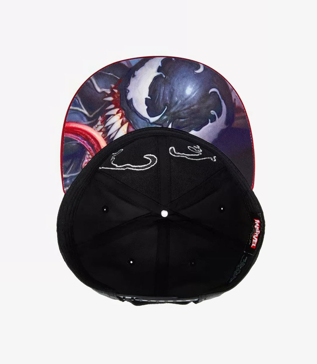 Black and red Venom Face Snapback Hat cap with white graphic design on a white background