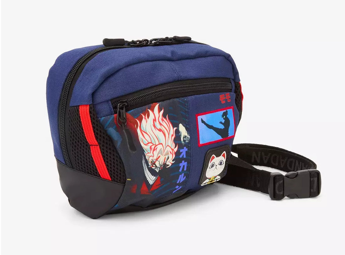 Dandadan Trio Patch Sling Bag featuring Okarun, Momo, and Turbo Granny.