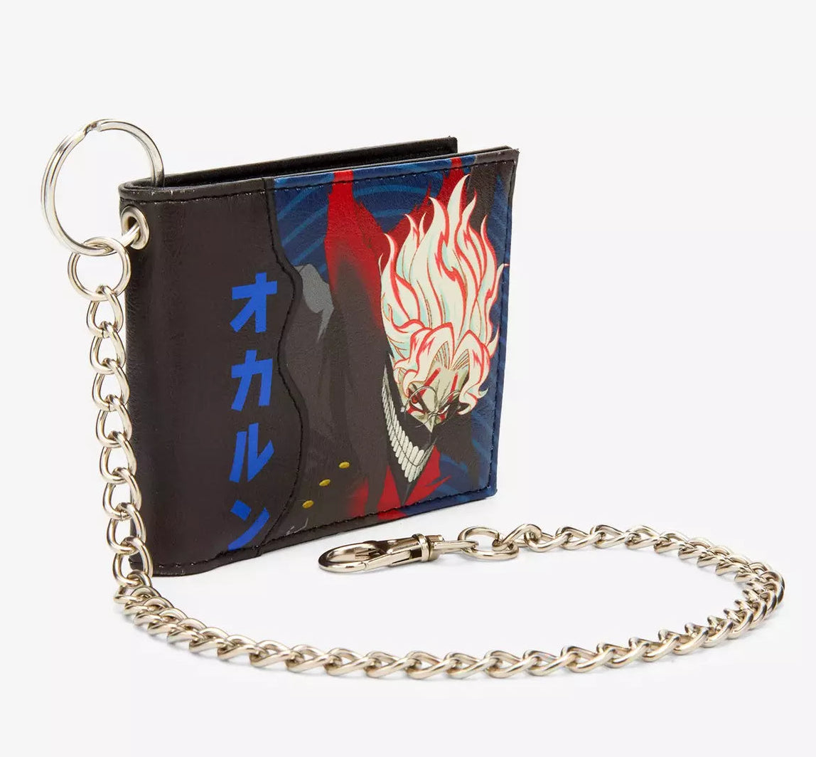 Dandadan bifold chain wallet featuring Okarun in Turbo Granny form and Momo. 