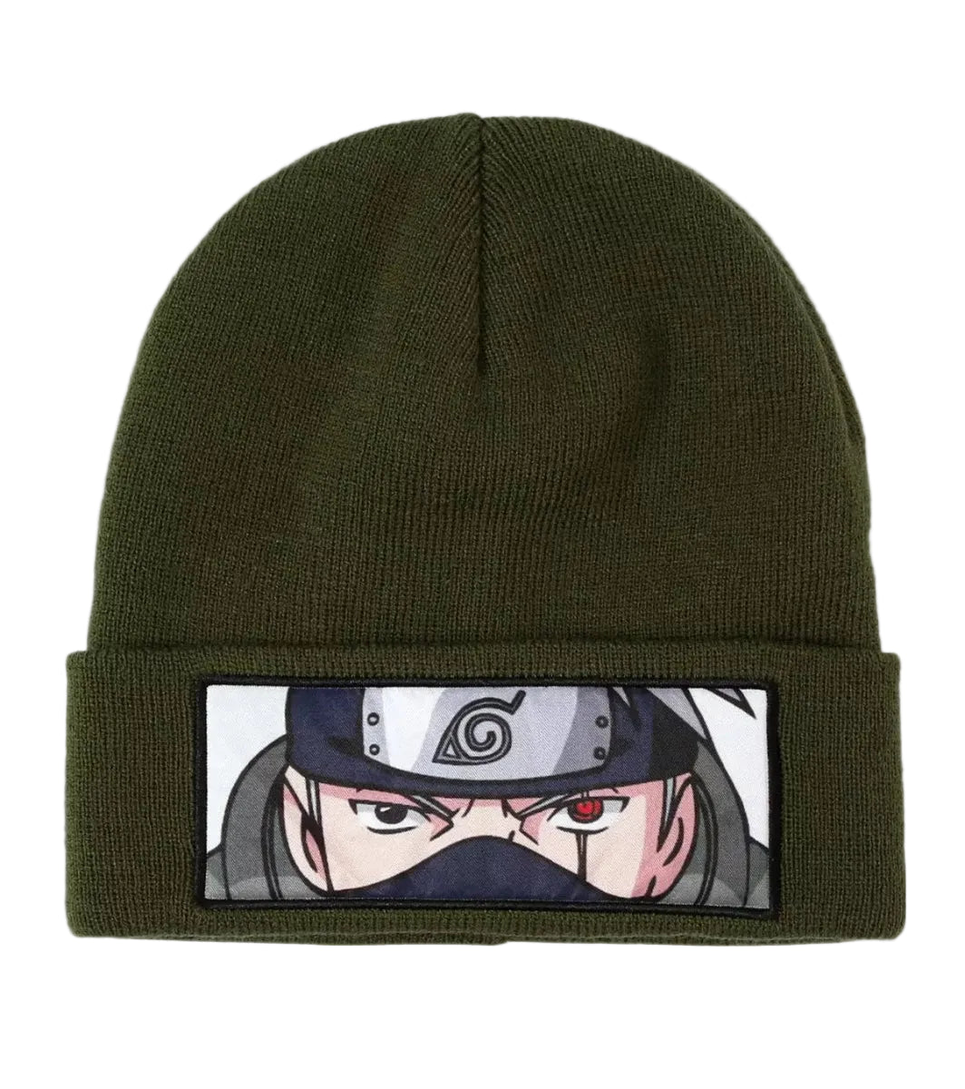 Naruto Shippuden Kakashi Green beanie with anime character kakashi face patch on a white background