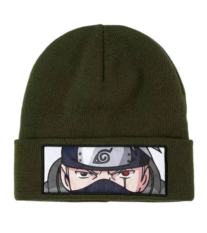 Naruto Shippuden Kakashi Green beanie with anime character kakashi face patch on a white background