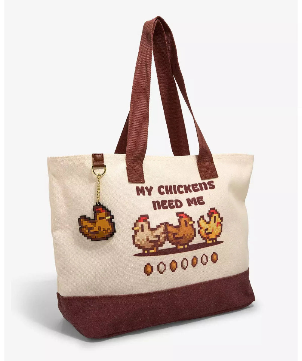 Stardew Valley Chickens Tote Bag with pixelated chickens and text 'My chickens need me' on a white background