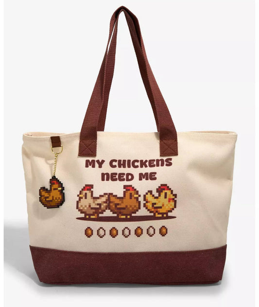 Stardew Valley Chickens Tote Bag with pixelated chickens and text 'My chickens need me' on a white background