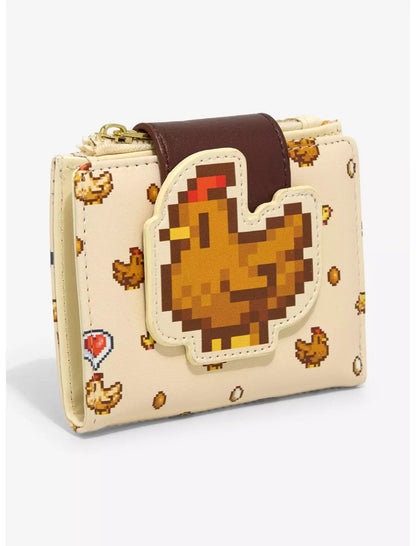 Pixelated chicken design wallet on a white background