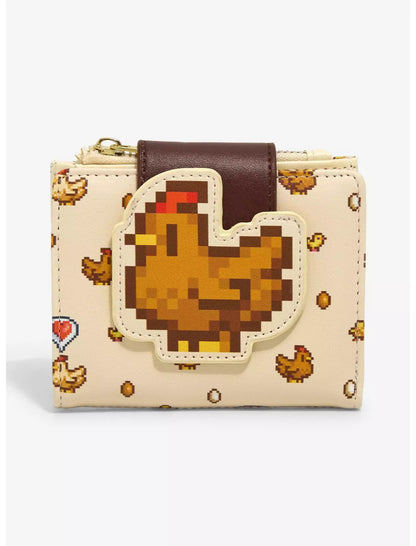 Pixelated Stardew Valley chicken design wallet on a beige background