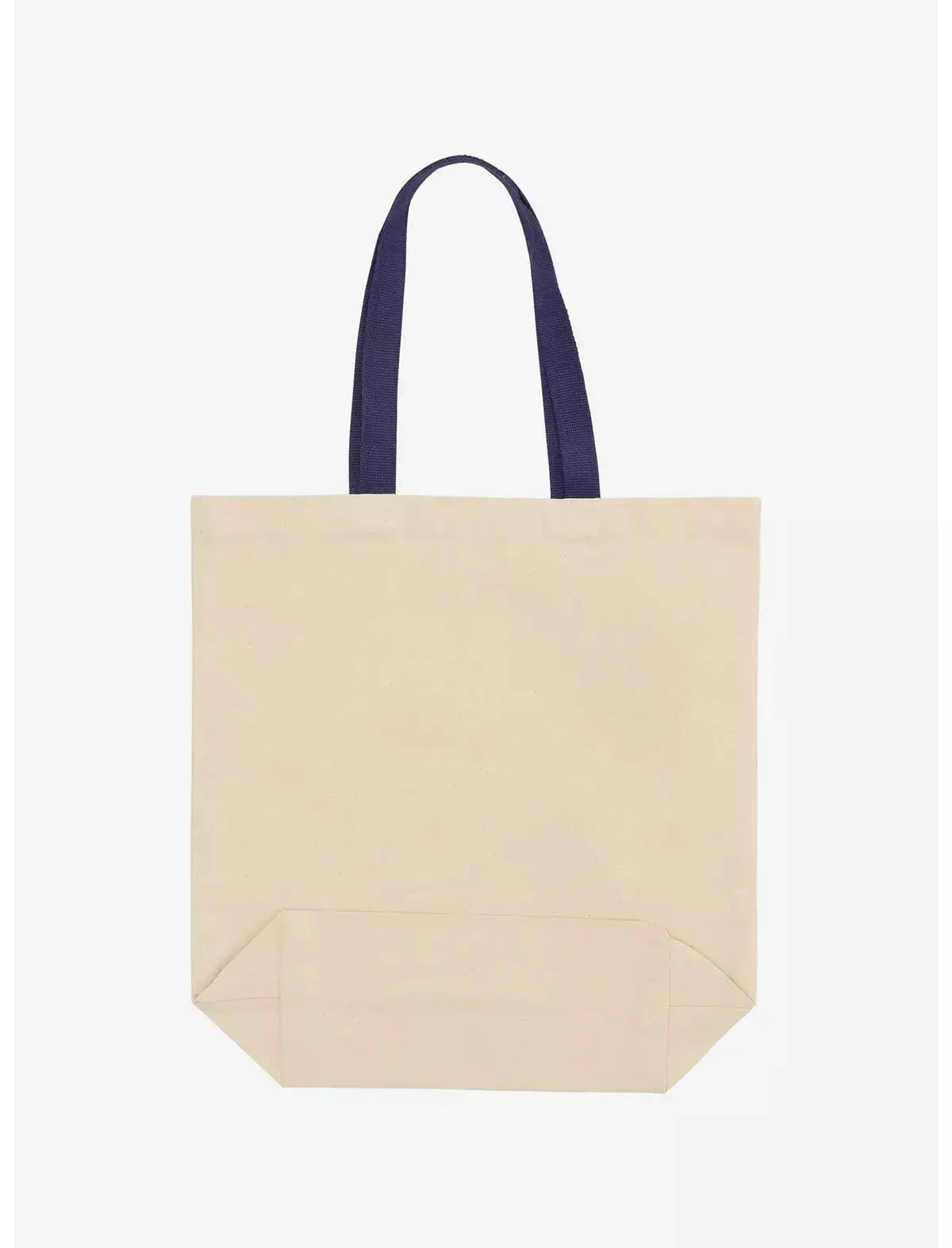 Beige tote bag with navy handles on a white background