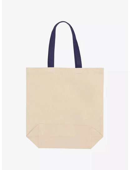 Beige tote bag with navy handles on a white background