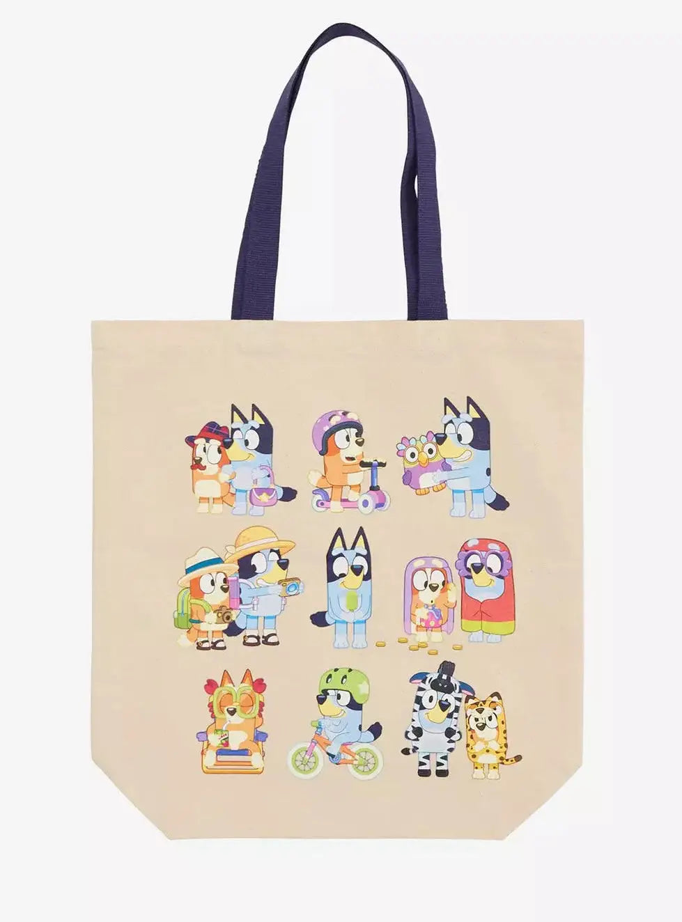 Beige tote bag with Bluey and Bingo cartoon characters illustrations on a white background