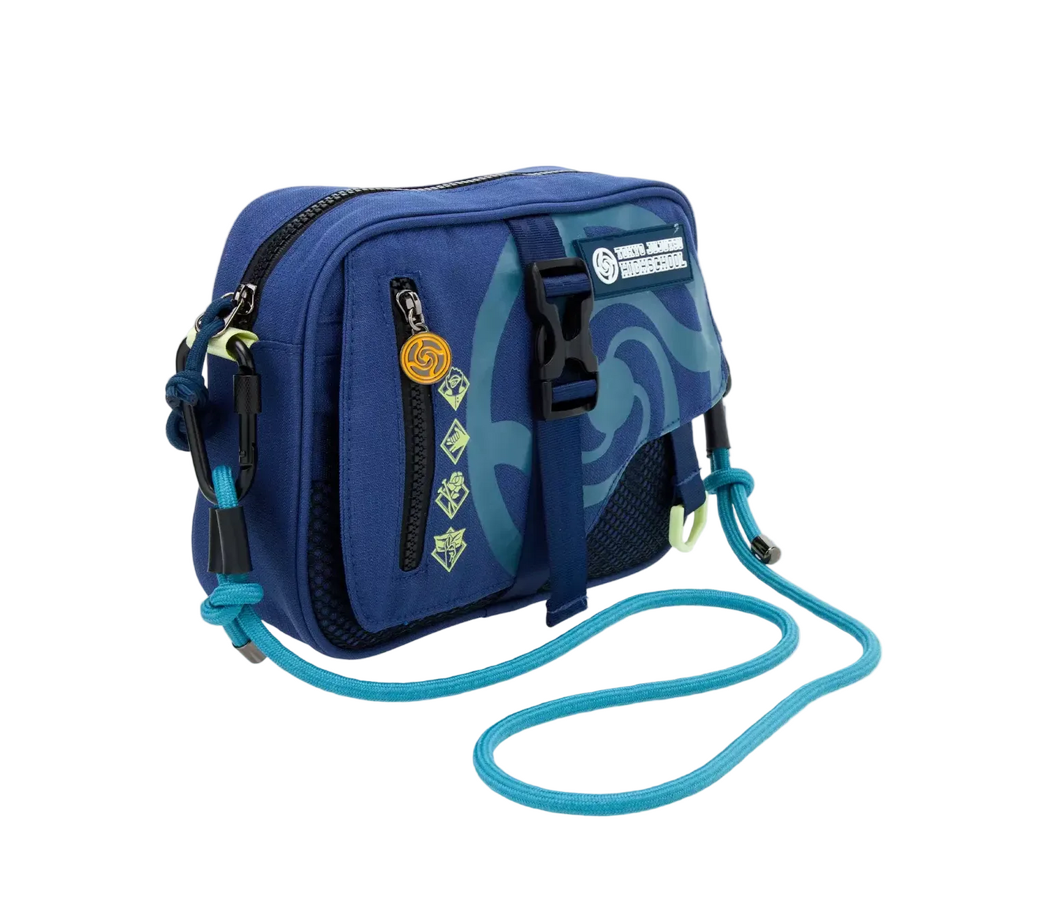 Blue crossbody bag with a strap on a white background