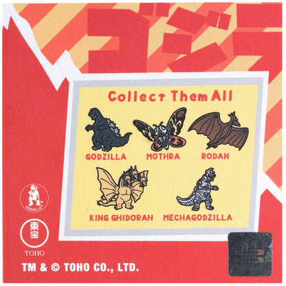 Pin illustrations of Godzilla, Mothra, Rodan, King Ghidorah, and Mechagodzilla on a red background with 'Collect Them All' text.