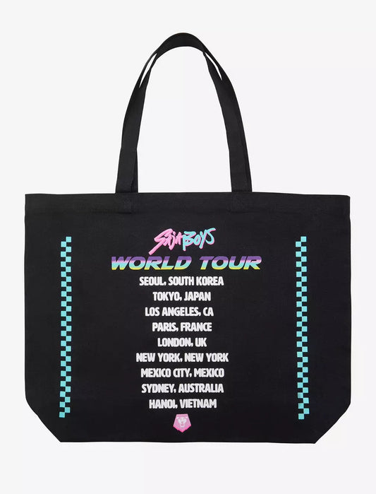 K-Pop Demon Hunters Saja Boys World Tour Black tote bag with colorful graphic design and text on a white 
